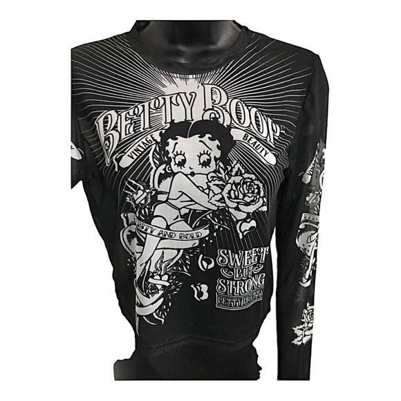 Betty Boop black sheer mesh sweet but strong graphic print long sleeve tee sz M - Picture 11 of 13